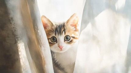 A watercolor painting of a curious kitten peeking out from behind a curtain, with sunlight filtering through