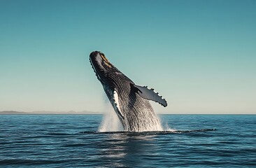 Fototapeta premium A humpback whale breaches the surface of the ocean, with a clear blue sky above.