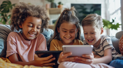Obraz premium Kids enjoying their time together in an apartment, using a tablet for online reading and games while sharing smiles.