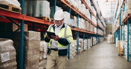Warehouse, walking and man on tablet for shipping, delivery and inspection in factory. Ecommerce, distribution and worker on digital tech with shelves for inventory, manufacturing and supply chain