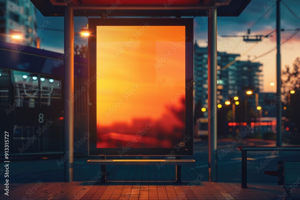 Poster a bus stop with a billboard on the side, ideal for urban scenes or transportation-related concepts