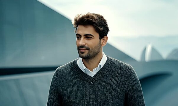 medium shot portrait of a Israeli man in his 40s wearing a chic cardigan against a modern architectural background