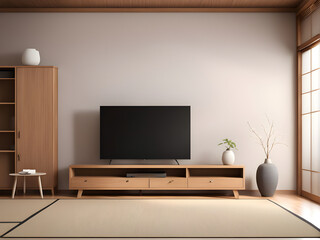 Tv cabinet in modern empty room Japanese - zen style,minimal designs. 3D rendering