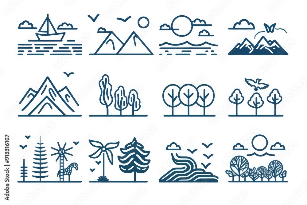 Poster Simple icons of trees and mountains for various uses