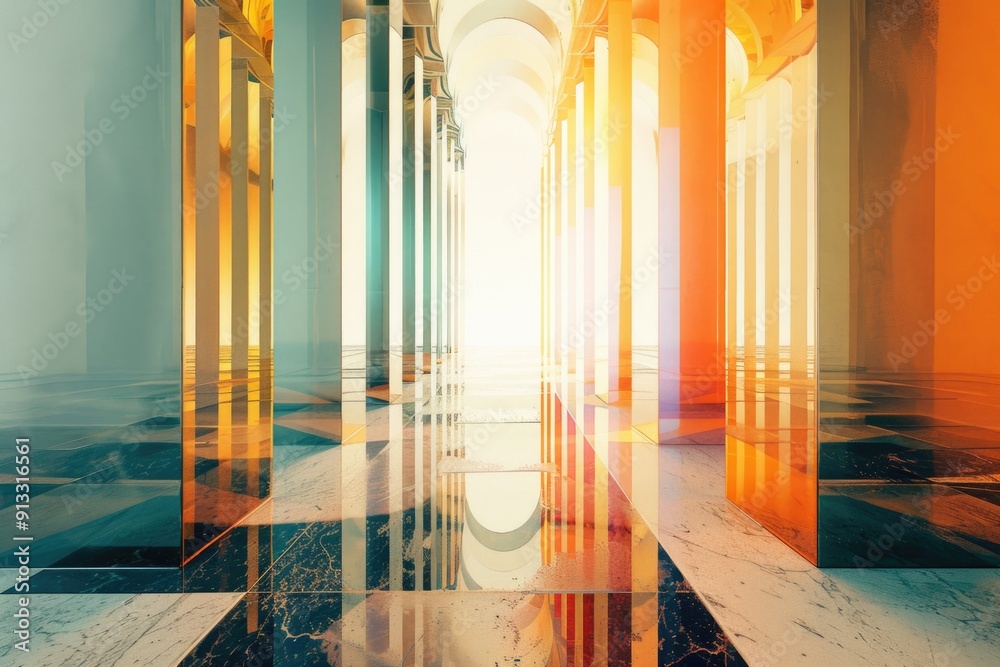 Poster a long hallway with rows of columns and arches, suitable for architectural or interior design uses