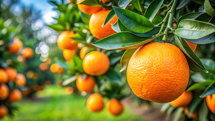 oranges on a branch with green leaves on tree. orange tree branches with ripe juicy fruits. natural fruit background outdoors. generative ai