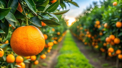 oranges on a branch with green leaves on tree. orange tree branches with ripe juicy fruits. natural fruit background outdoors. generative ai