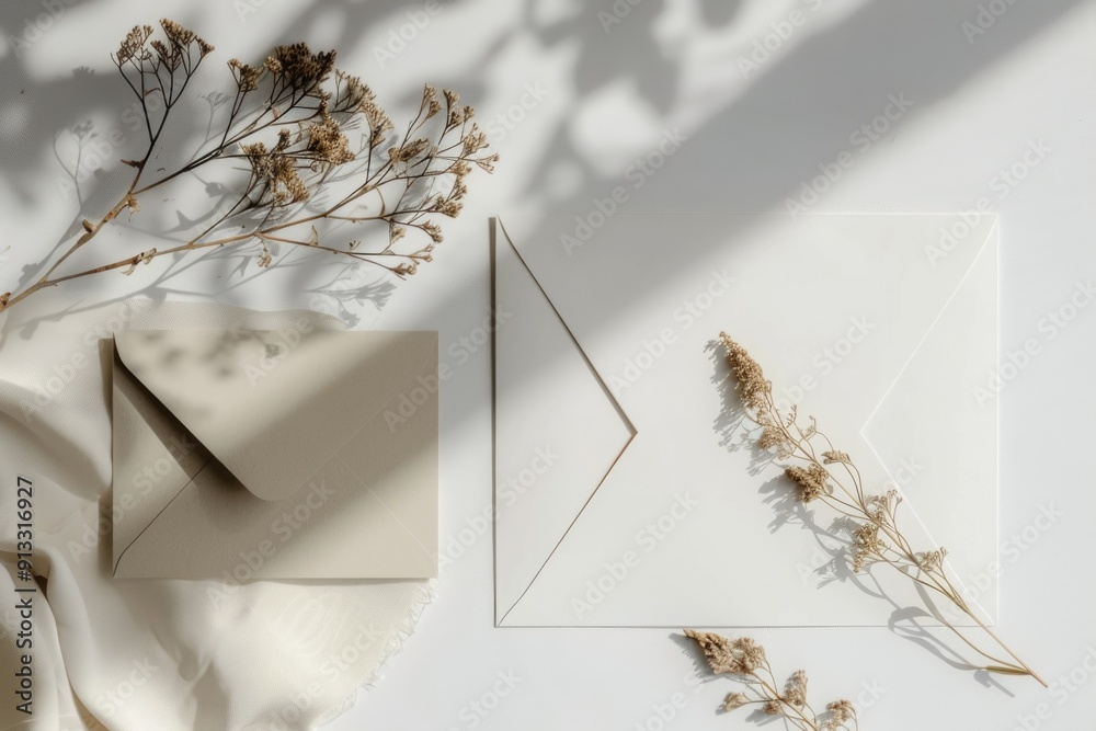 Poster a simple still life composition featuring a white envelope and some dried flowers on a clean surface