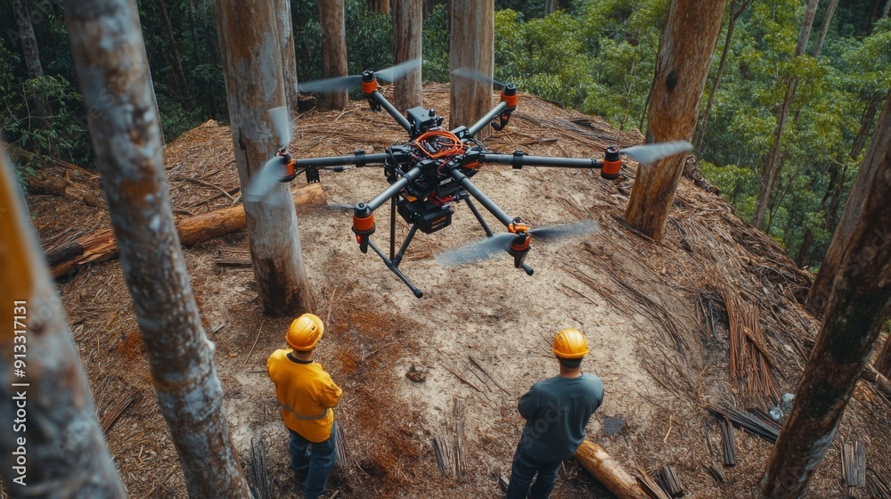 Poster a drone hovers above a wooded area while two workers in hard hats watch attentively amidst scattered