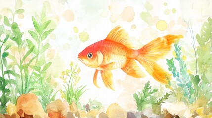 Naklejka premium A watercolor portrait of a calm fish swimming in a clear aquarium, with plants and decorations around