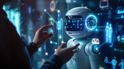 Man touching a virtual interface to chat with intelligent artificial intelligence, seeking answers from a smart assistant futuristic, Chatbot, ChatGPT