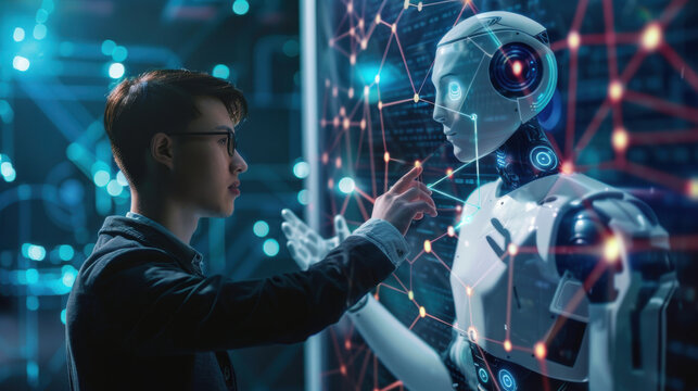 Man interacting with AI technology through a virtual chat interface, smart assistant, Chatbot, ChatGPT