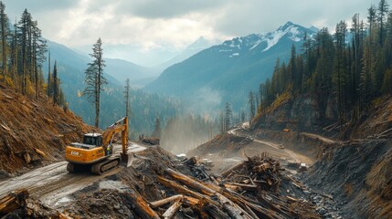 Heavy machinery clears debris and develops a road in an alpine area surrounded by trees and mountains.