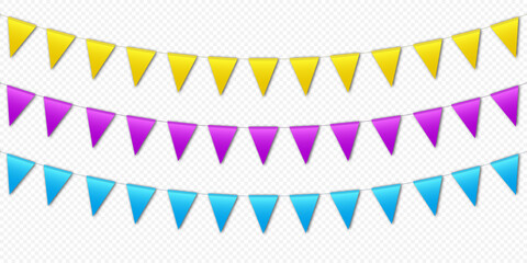 Colorful bunting flags, carnival party flags, festive pennants hanging on a rope. Festival vector decoration.