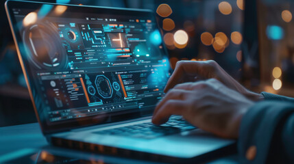 Man using AI software on a laptop to generate images, showcasing a futuristic user interface, screen with visual prompts, and image generated by artificial intelligence