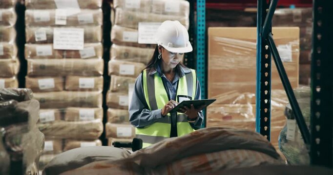 Export, warehouse and woman with tablet, scanner and logistics inspection for inventory management. Technology, distribution and person in factory on digital app with online barcode reader on boxes