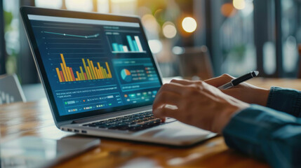 Marketer analyzing digital advertising performance metrics on a laptop screen. Banner ads on internet, website, and social media campaigns.