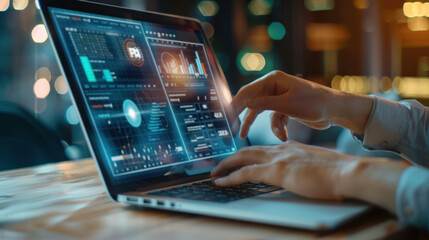 Marketer analyzing digital advertising performance metrics on a laptop screen. Banner ads on internet, website, and social media campaigns.