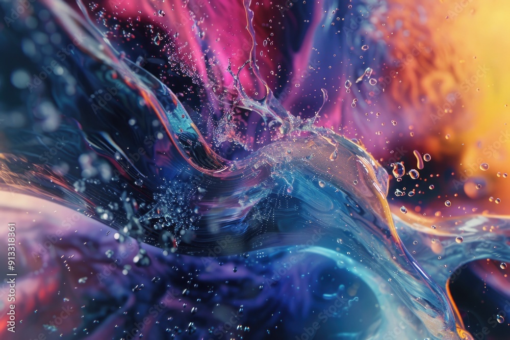 Poster close up of a vibrant and colorful liquid substance with swirling patterns