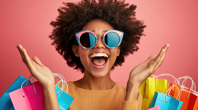 Ecstatic Shopper Celebrating With Colorful Bags