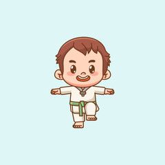 Cute little man training Karate martial art chibi kawaii character mascot sport Icon