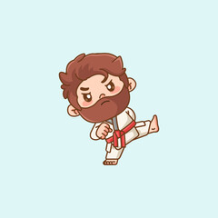 Cute beard man training Karate martial art chibi kawaii character mascot sport Icon