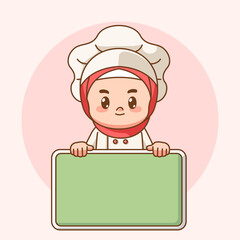 Cute hijab girl chef cook hold blank space board banner chibi kawaii character mascot restaurant cafe logo