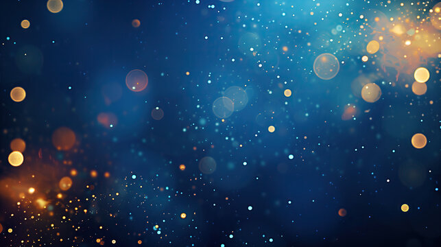 abstract blurred bokeh of holiday lights over dark blue background.