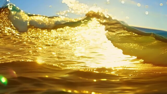 Against the backdrop of a clear blue sky the oceans waves are transformed into a sea of shimmering gold by the brilliant rays of sunlight. Light leaks bokeh