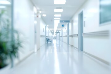 Fototapeta premium Blurred background of a hospital interior with empty space, a white hall in a medical center building, a blurry office room that could be used for an advertising banner or web design template.