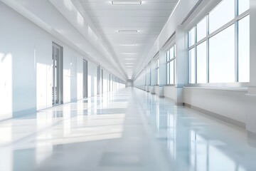 Blurred background of a hospital corridor with panoramic windows and a white ceiling, interior of a modern medical center or clinic hall with empty space. Abstract blurred background of an office.