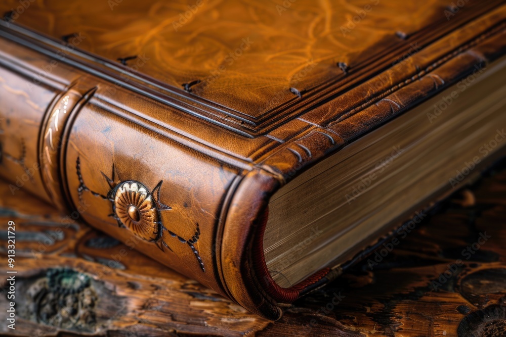Poster a brown book sits on a wooden table with a simple and classic design