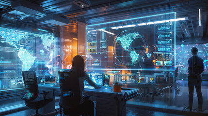 Office environment with employees working on futuristic devices.