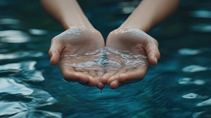 Hands cupped in water, creating ripples. Perfect for illustrating concepts like purity, serenity, or the fragility of life.