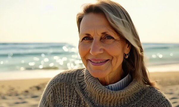 medium shot portrait of a confident Israeli woman in her 50s wearing a cozy sweater against a beach background