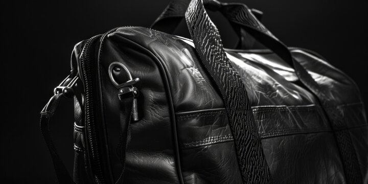 A close-up shot of a classic black leather handbag with a simple design