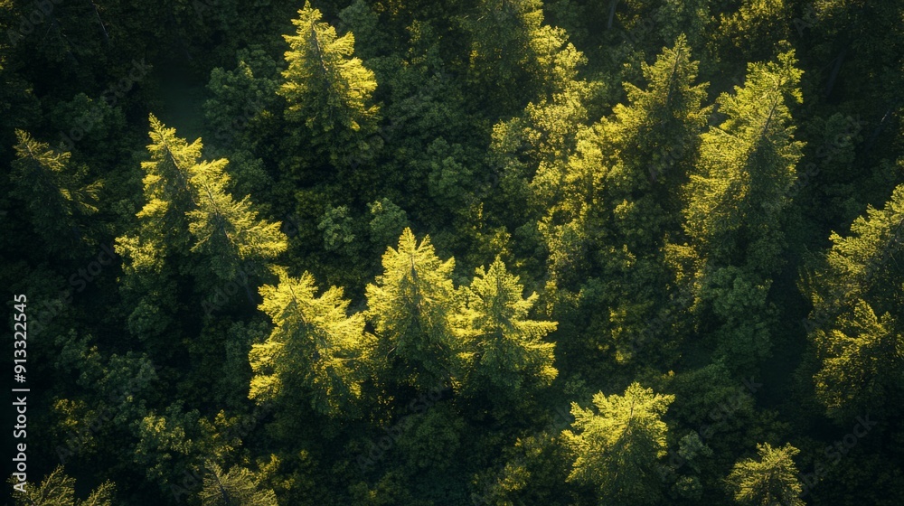 Fototapete sunlight filters through the canopy of a dense forest, illuminating the treetops with golden hues du