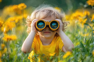 A child uses binoculars to look into a field. The photo represents the curiosity of children and a desire to discover the world around them.