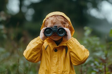 A child in a yellow raincoat uses binoculars. This photo is perfect for illustrating childhood, exploration, or outdoor activities.
