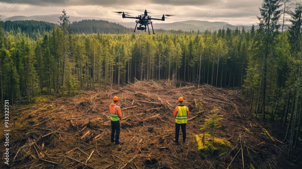 Poster two workers in safety gear observe a drone surveying a deforested area surrounded by a lush forest.
