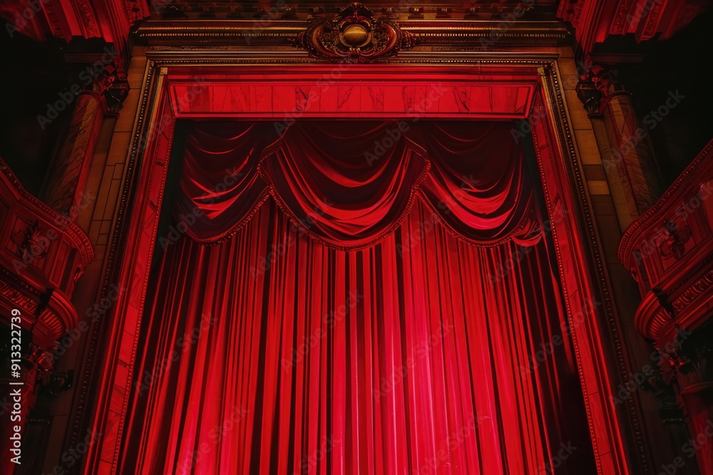 Aufkleber a stage with a red curtain and a clock