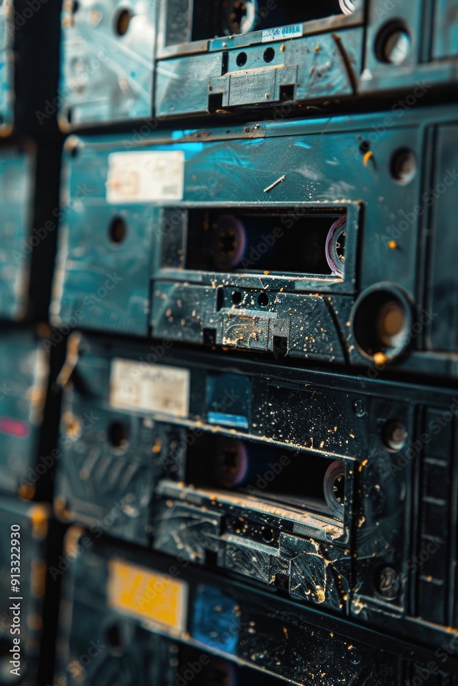 Poster old electronics stacked on top of each other, may be used for retro-themed design or nostalgic purpo