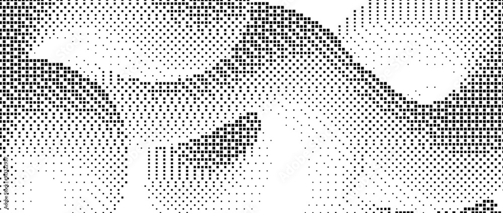 Poster pixelated gradient wave shape. black undulate dither texture background. dotted fluid curvy form for