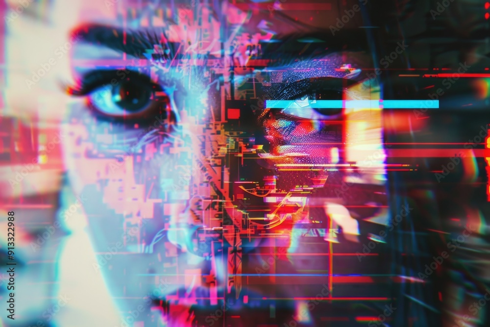 Poster a close-up shot of a person's face with a digital background, great for futuristic or tech-themed co