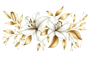 Fototapeta premium Two white lilies with golden leaves. Perfect for wedding invitations, floral arrangements, or romantic projects.