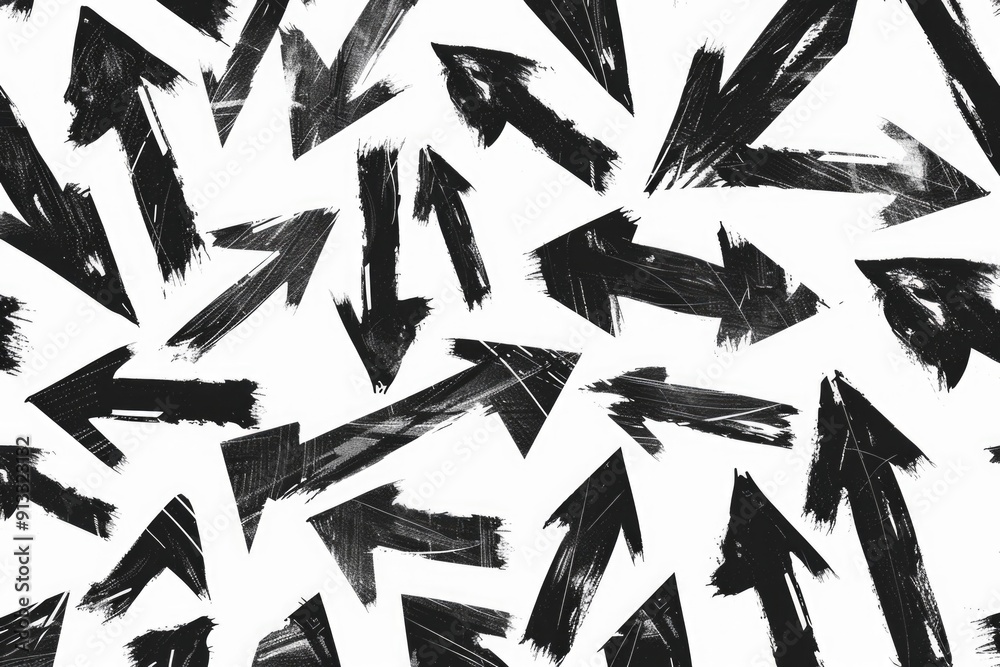Poster a collection of arrows on a white background in black and white
