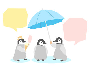 日傘を差すペンギンとアイスを持っているペンギン達のイラスト