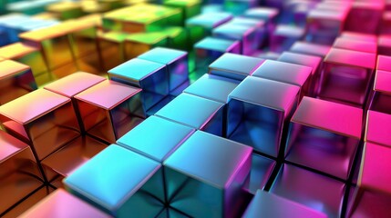 A close-up view of a colorful, iridescent, metallic block structure with a blurred background.