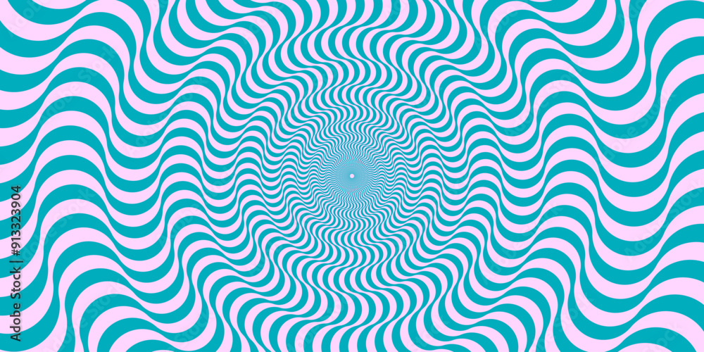 Poster optical illusion background. blue and pink abstract distorted wavy lines surface. radial waves poste