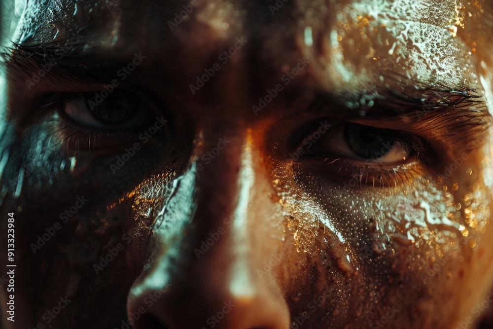 Poster a close-up shot of a person's face with gold paint applied, ideal for use in artistic or cultural th